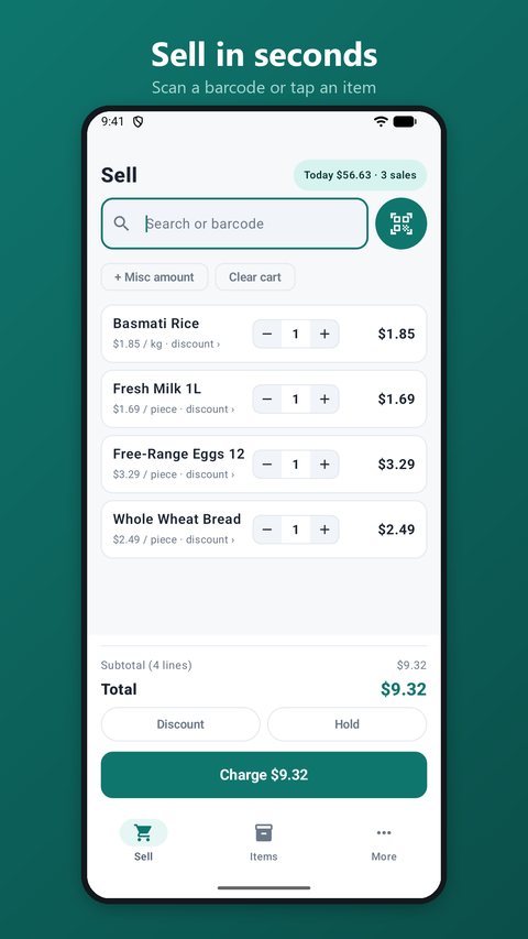 OneTill sell screen with a cart of groceries